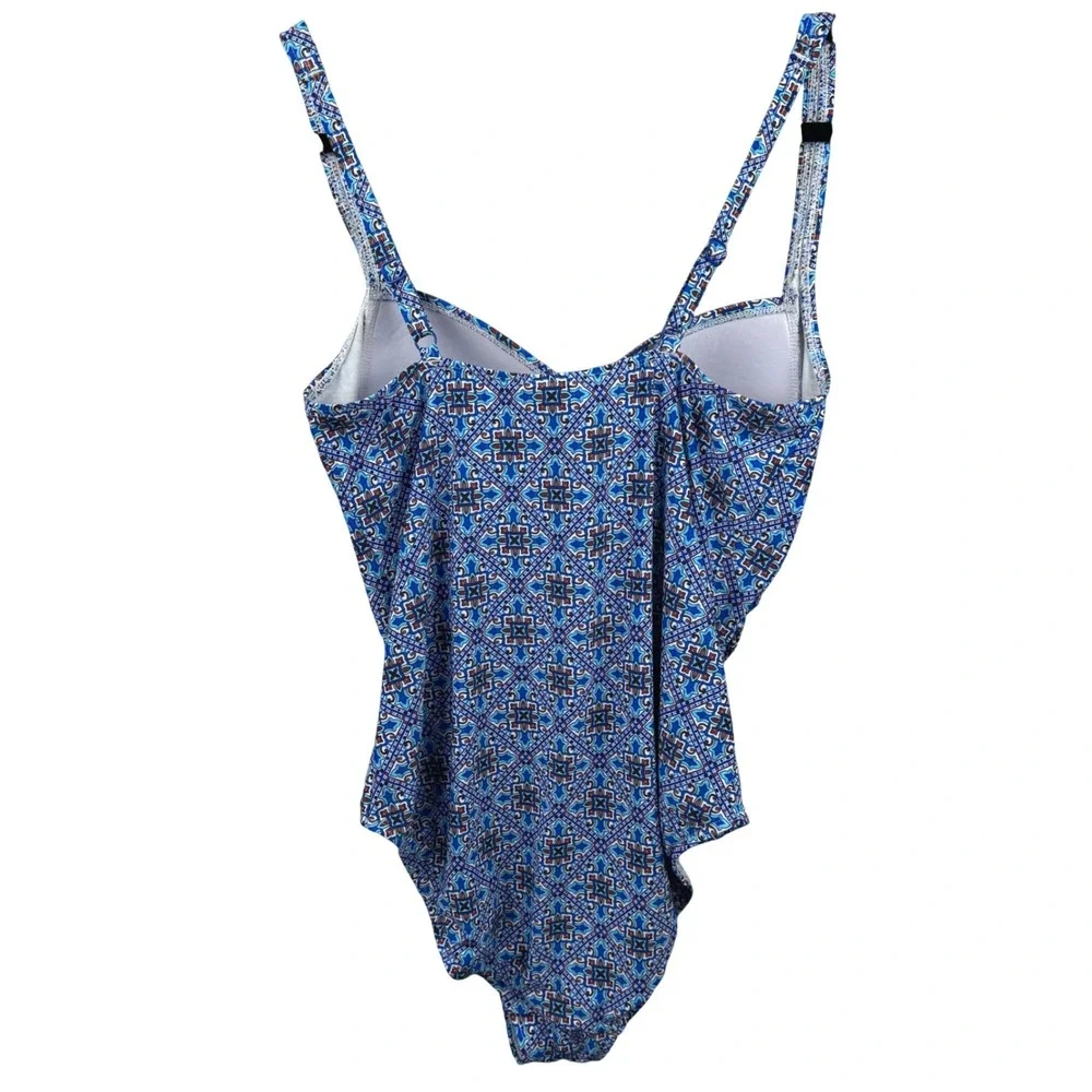 Niptuck Swim One Piece Swimsuit Women 10 Blue Geometric Ruched Tummy Control Cup